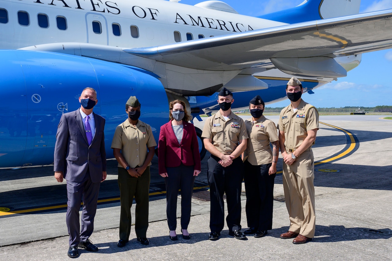 The deputy defense secretary departs Naval Air Station Pensacola, Fla.