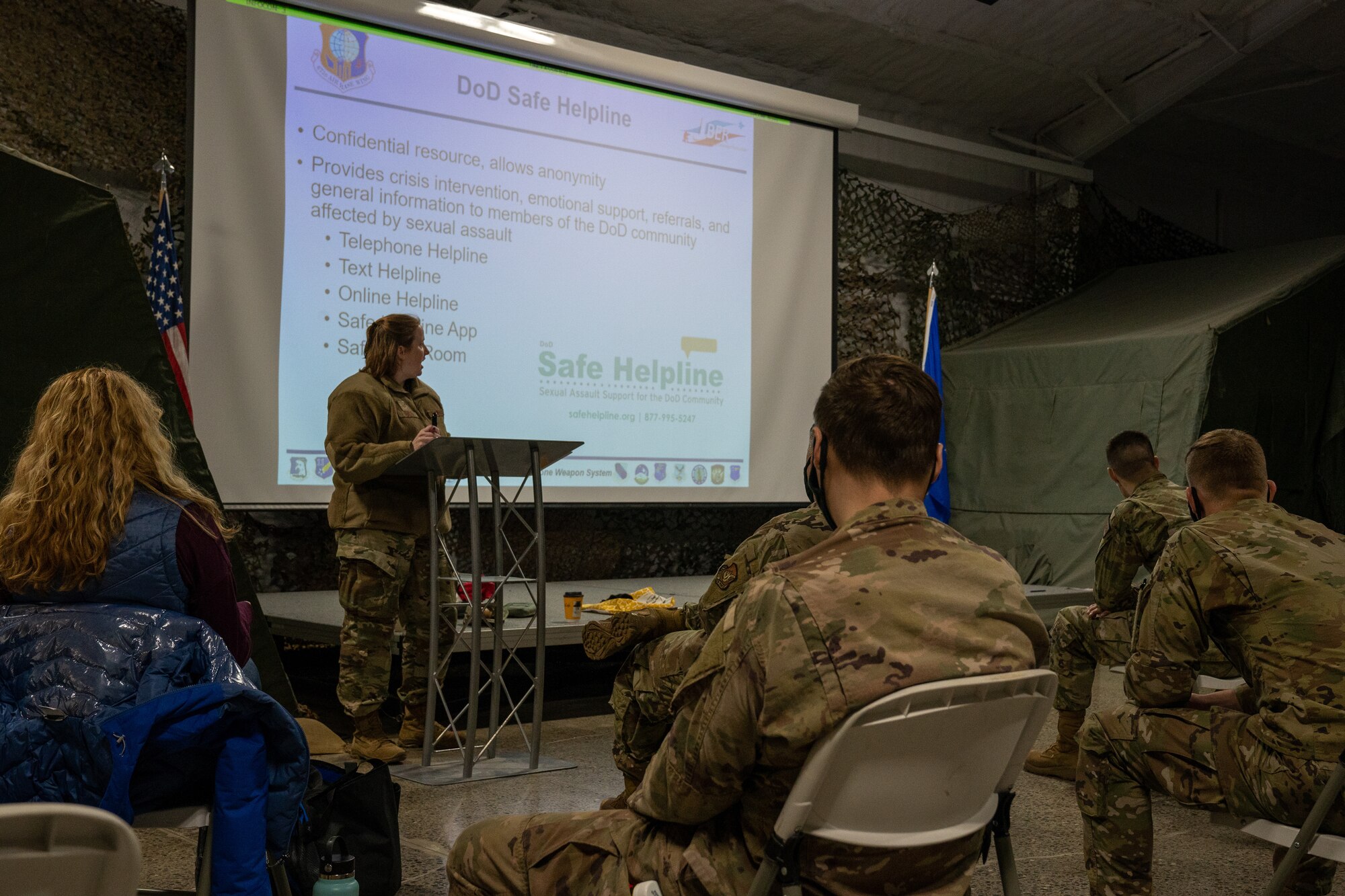 Airmen assigned to the 773d Civil Engineer Squadron attend a sexual assault and prevention course during Prime Base Engineer Emergency Force Day.