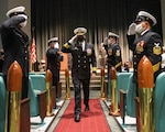 Capt. John Cage, commander, Submarine Squadron 20, is saluted by sideboys during a change of command ceremony held at Naval Undersea Museum in Keyport, Washington Sept. 9, 2021. During the ceremony, Cmdr. Travis Wood relieved Cmdr. Robert Garis as commanding officer of USS Maine (SSBN 741) Gold Crew. (U.S. Navy Photo by Mass Communication Specialist 2nd Class Emilia C. Hilliard)