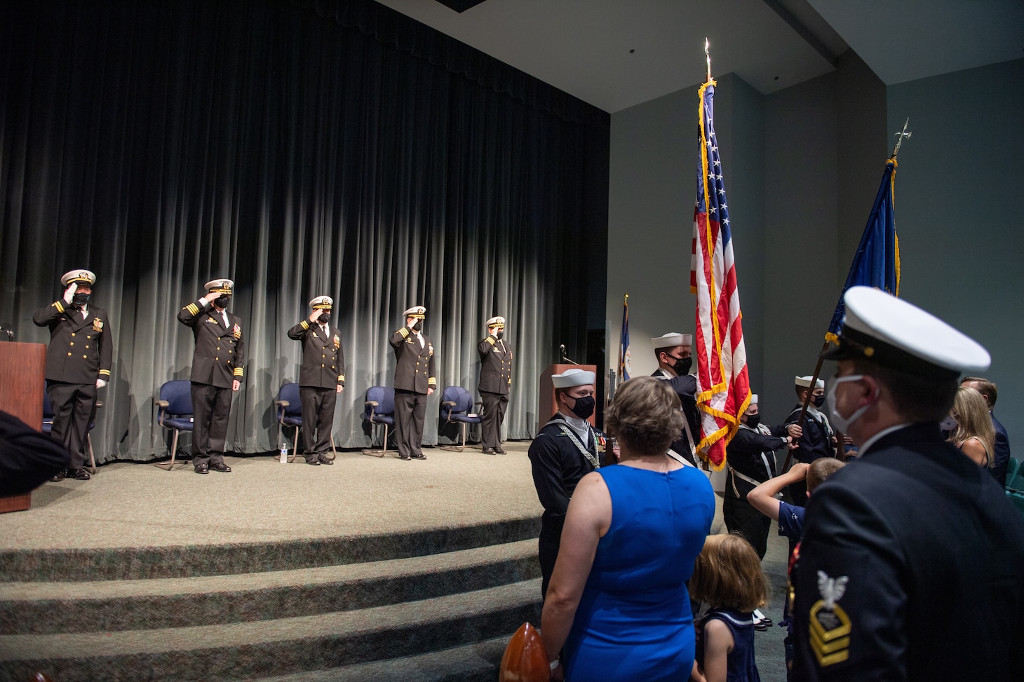 Naval Base Kitsap Color Guard parade the colors during the USS Maine (SSBN 741) Gold Crew change of command ceremony at Naval Undersea Museum in Keyport, Washington Sept. 9, 2021. During the ceremony, Cmdr. Travis Wood relieved Cmdr. Robert Garis as commanding officer of USS Maine (SSBN 741) Gold Crew. (U.S. Navy Photo by Mass Communication Specialist 2nd Class Emilia C. Hilliard)