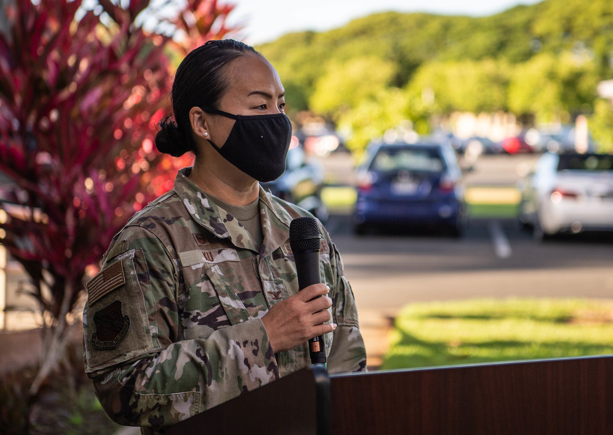 Col. Stephanie Ku, 15th Medical Group commander, gives a speech during the Military Health System Genesis launch ceremony at Joint Base Pearl Harbor-Hickam, Hawaii, Sept. 25, 2021. MHS Genesis is a $11 billion electronic health record system that provides enhanced and secure technology to manage health information. (U.S. Air Force photo by Senior Airman Alan Ricker)