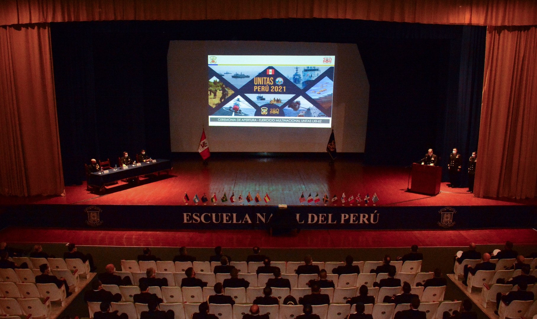 Multinational forces gather for the opening ceremony to kick off UNITAS LXII at the Peruvian Naval Academy, Sept. 27, 2021.