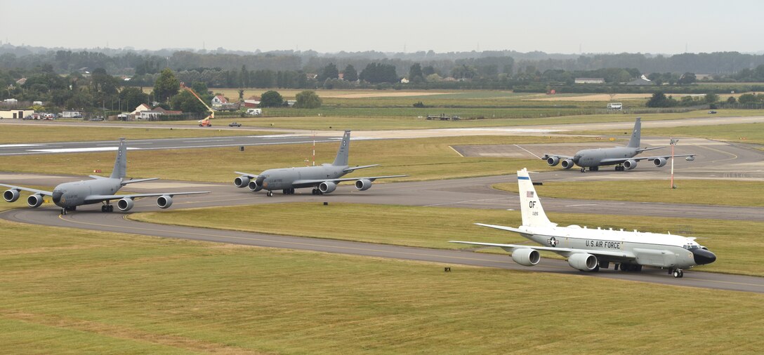 Team Mildenhall aircraft participate in an “elephant walk” as part of Exercise High Life at Royal Air Force Mildenhall Sept. 13, 2021. Multiple aircraft participated in Exercise High Life at RAF Fairford and Team Mildenhall demonstrated elements of Agile Combat Employment to show they are ready any time, anywhere, and that agility, deterrence and resiliency are essential to defense and operational capability in a contested environment. (U.S. Air Force photo by Karen Abeyasekere)
