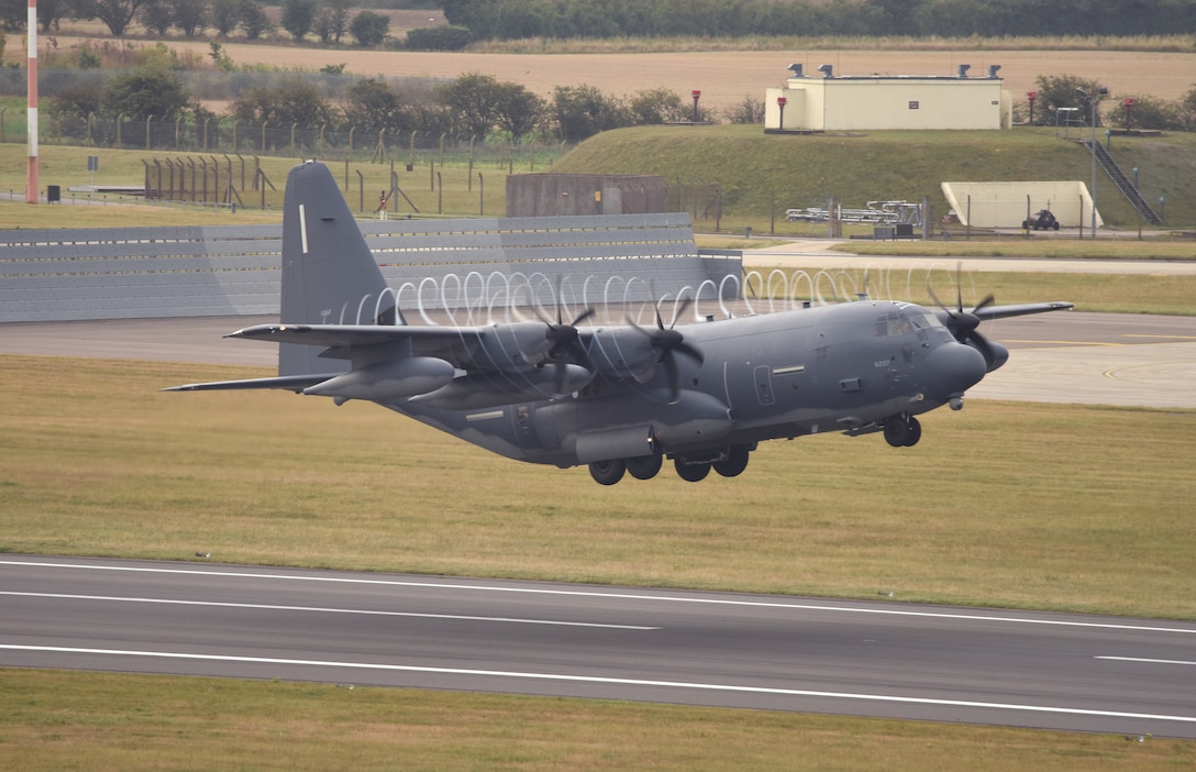 A U.S. Air Force MC-130J Commando II aircraft assigned to the 352nd Special Operations Wing takes off during an elephant walk at Royal Air Force Mildenhall, England, Sept. 13, 2021. An elephant walk is a term used by the U.S. Air Force when multiple aircraft taxi together before takeoff. (U.S. Air Force photo by Karen Abeyasekere)