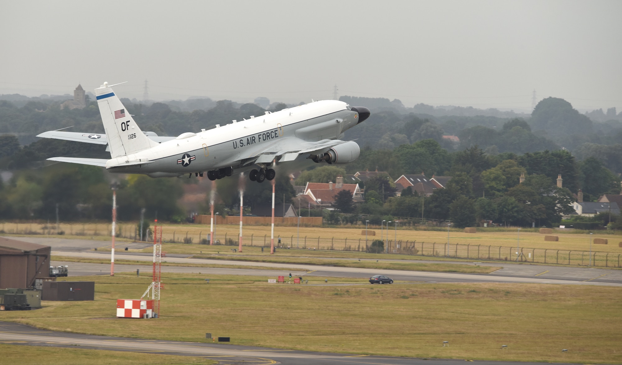 A U.S. Air Force RC-135 Rivet Joint assigned to the 95th Reconnaissance Squadron takes off during Exercise High Life at Royal Air Force Mildenhall, England, Sept. 13, 2021. Multiple aircraft participated in the exercise at RAF Fairford and Team Mildenhall demonstrated elements of Agile Combat Employment to show they are ready any time, anywhere, and that agility, deterrence and resiliency are essential to defense and operational capability in a contested environment. (U.S. Air Force photo by Karen Abeyasekere)