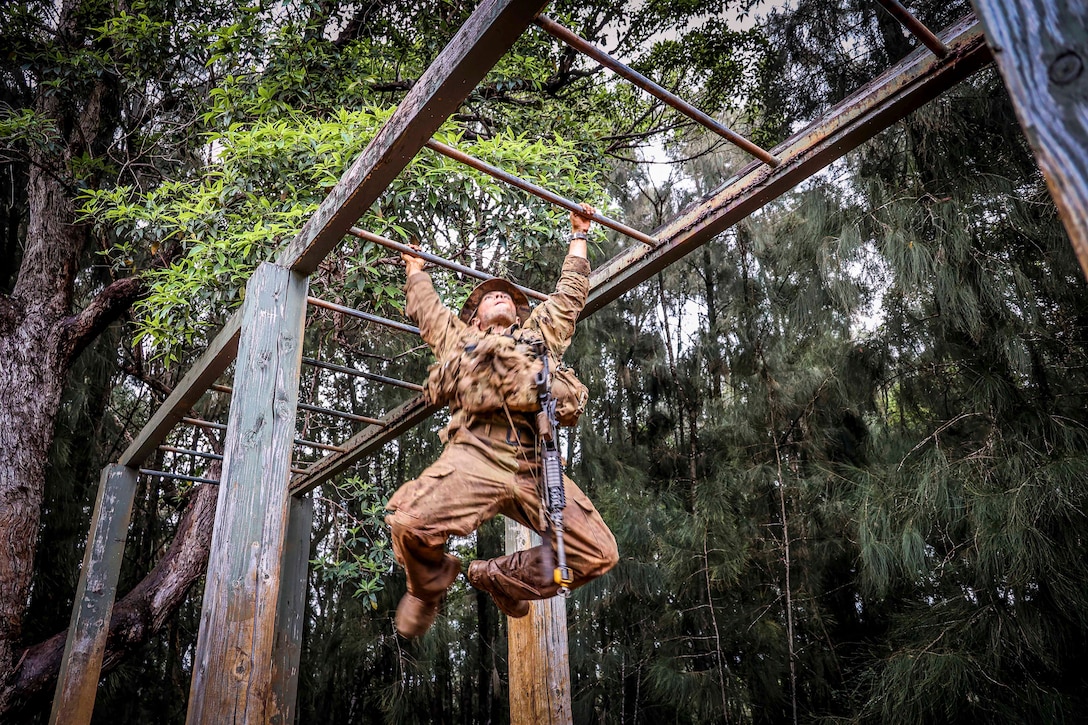 A soldier in camouflage climbs across the monkey bars in the jungle.