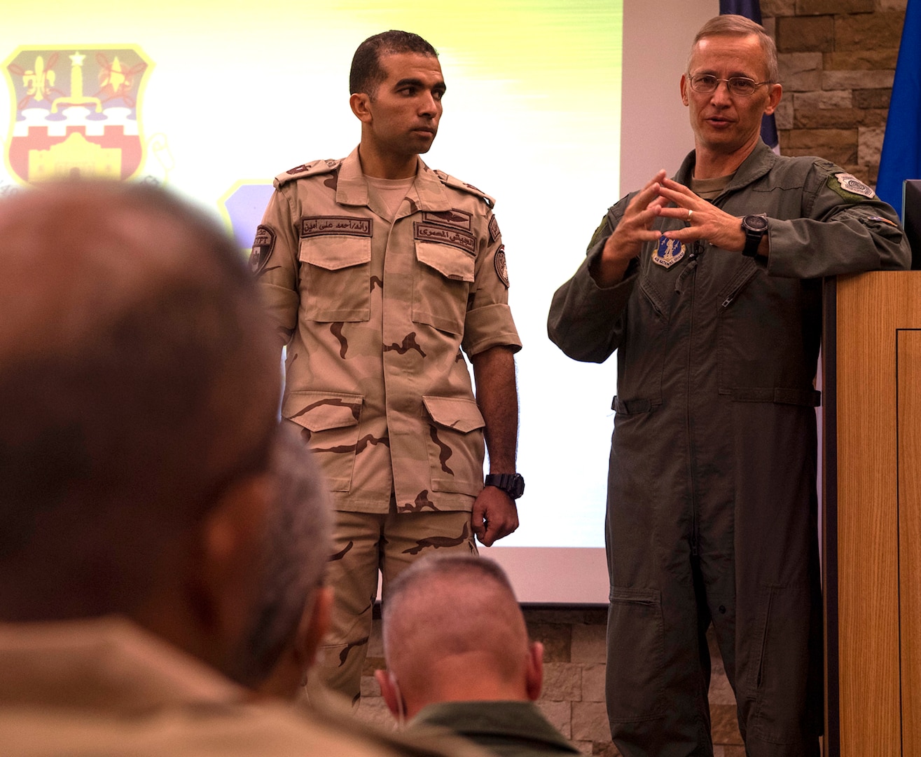 Col. Matthew C. Jensen, commander, 149th Fighter Wing, Air National Guard, briefs members of Egypt’s Air Force.