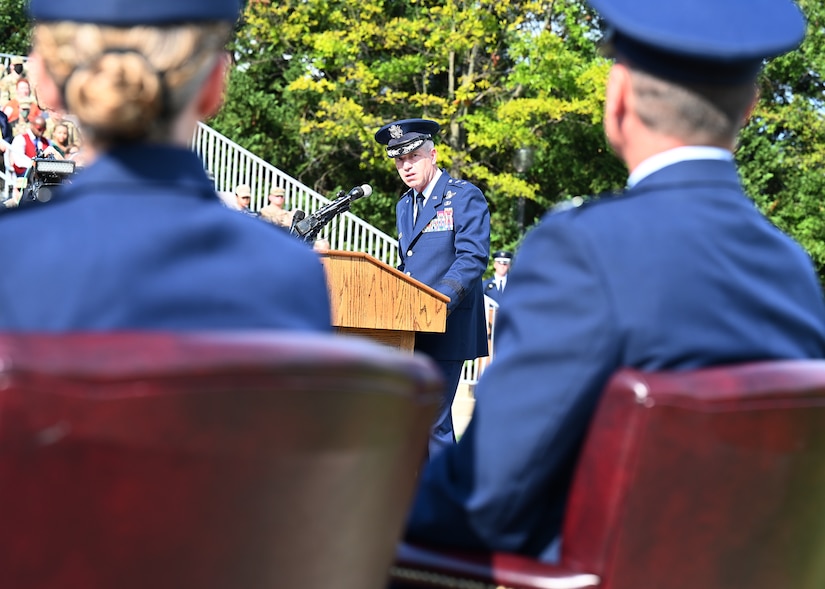 U.S. Air Force Maj. Gen. Joel D. Jackson, Air Force District of Washington and the 320th Air Expeditionary Wing commander, addresses an audience during a change of command ceremony at Joint Base Anacostia-Bolling, Washington, D.C., Sept. 28, 2021.  Jackson presided over the ceremony during which Col. Cat Logan took command of JBAB and the 11th Wing from Col. Mike Zuhlsdorf. Zuhlsdorf commanded the installation during the Department of Defense’s first-ever joint base lead service transfer in 2020, during which the Air Force took control of the installation from the Navy. (U.S. Air Force photo by Staff Sgt. Kayla White)