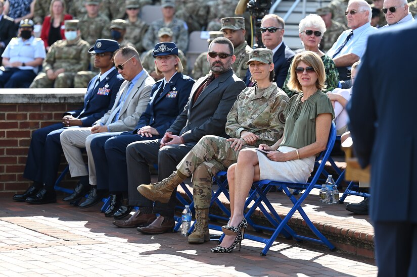 Joint Base Anacostia-Bolling and 11th Wing leaders and their family members listen during a change of command ceremony at JBAB, Washington, D.C., Sept. 28, 2021. Col. Cat Logan assumed command of JBAB and the 11th Wing from Col. Mike Zuhlsdorf, making her the first female commander of the wing and the second commander of the unit since the Air Force wing took control of the installation in the Department of Defense’s first-ever joint base lead service transfer in 2020. (U.S. Air Force photo by Staff Sgt. Kayla White)