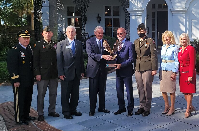 S. C. Governor Henry McMaster (center) presents the ESGR Freedom Award to representatives of Grand Strand Medical at the ESGR Employer Recognition Event at the S.C. Governors Mansion, Sept. 28, 2021.