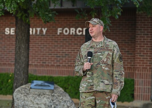 U.S. Air Force Col. Matthew Reilman, 17th Training Wing commander, speaks during the annual Jacobson Ruck March on Goodfellow Air Force Base, Texas, Sept. 28, 2021. Reilman spoke about the ultimate sacrifice that Airman 1st Class Elizabeth Jacobson paid in 2005 and how important it is to honor her and all who have fallen. (U.S. Air Force photo by Senior Airman Ashley Thrash)