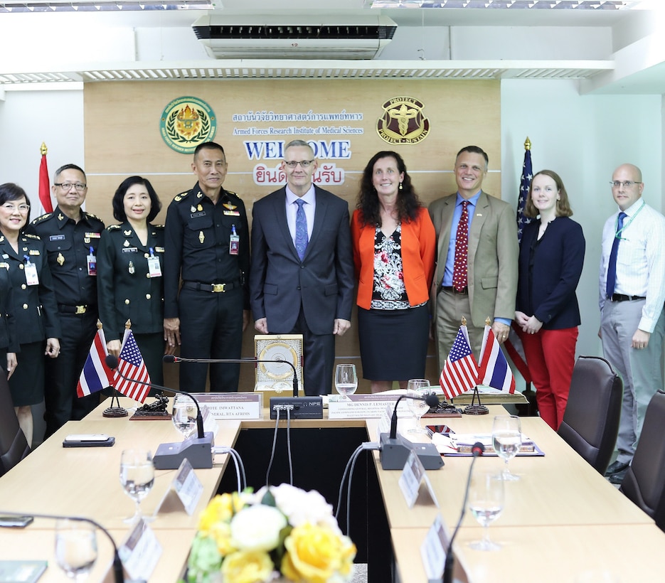 On May 13, Maj. Gen. Promote Imwattana, director general, Royal Thai Army welcomes U.S. Army Maj. Gen. Dennis P. LeMaster, commanding general, Regional Health Command-Pacific, and his team to Thailand and the Armed Forces Research Institute of Medical Sciences.
