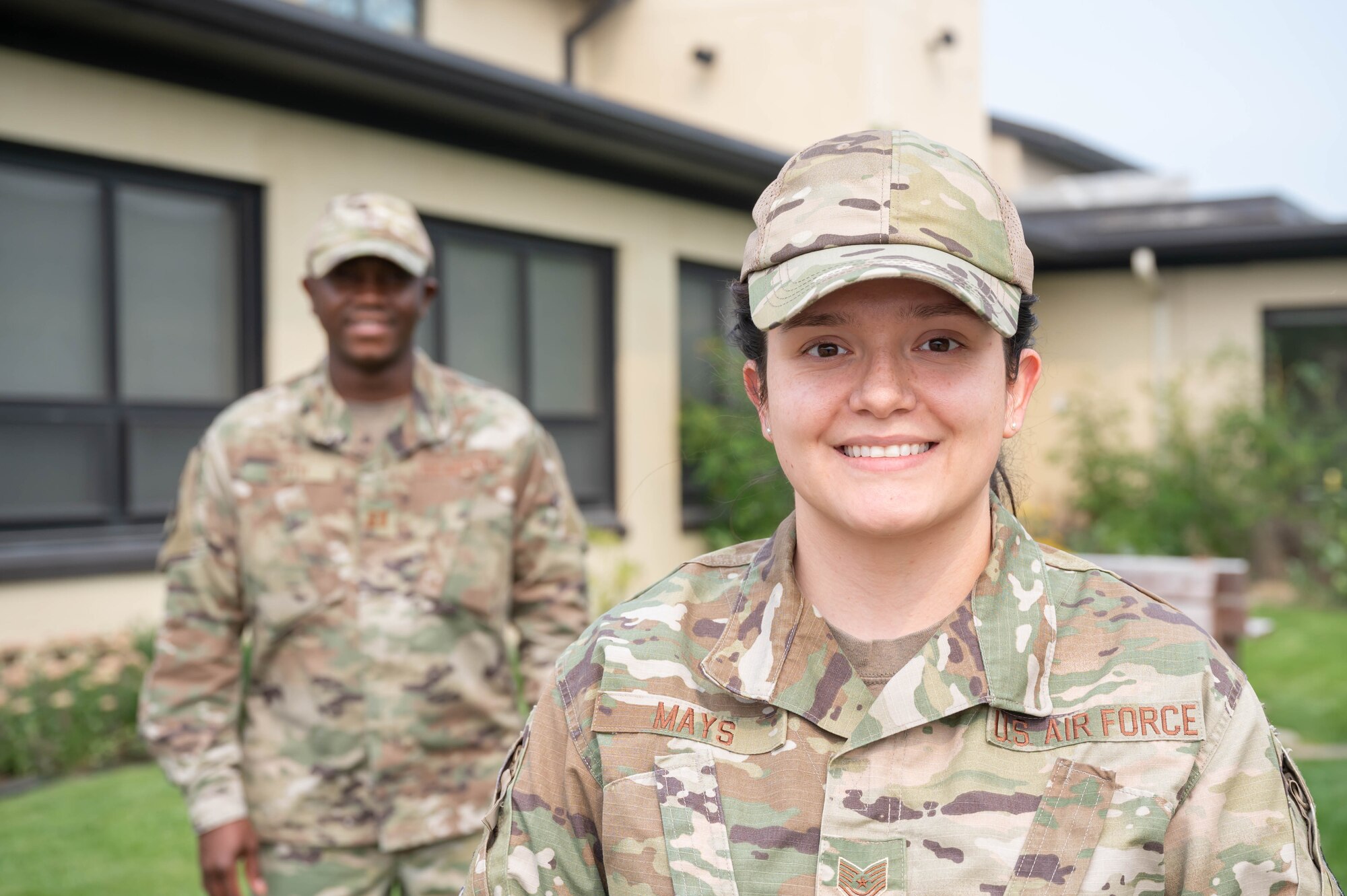 Tech. Sgt. Kelly Mays, front, 341st Missile Wing chaplain assistant, and Chaplain (Capt.) Dominic Smyth, back, 341st MW, pose for a photo Sept. 9, 2021 at Malmstrom Air Force Base Mont.