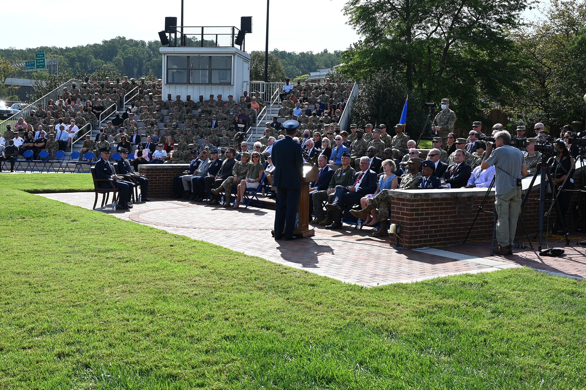 U.S. Air Force Col. Mike Zuhlsdorf, outgoing Joint Base Anacostia-Bolling and 11th Wing commander, addresses an audience during a change of command ceremony at Joint Base Anacostia-Bolling, Washington, D.C., Sept. 28, 2021. Zuhlsdorf commanded JBAB and the 11th Wing during the Department of Defense’s first-ever joint base lead service transfer in 2020, during which the Air Force took control of the installation from the Navy. Zuhlsdorf relinquished command to incoming commander Col. Cat Logan. (U.S. Air Force photo by Staff Sgt. Kayla White)