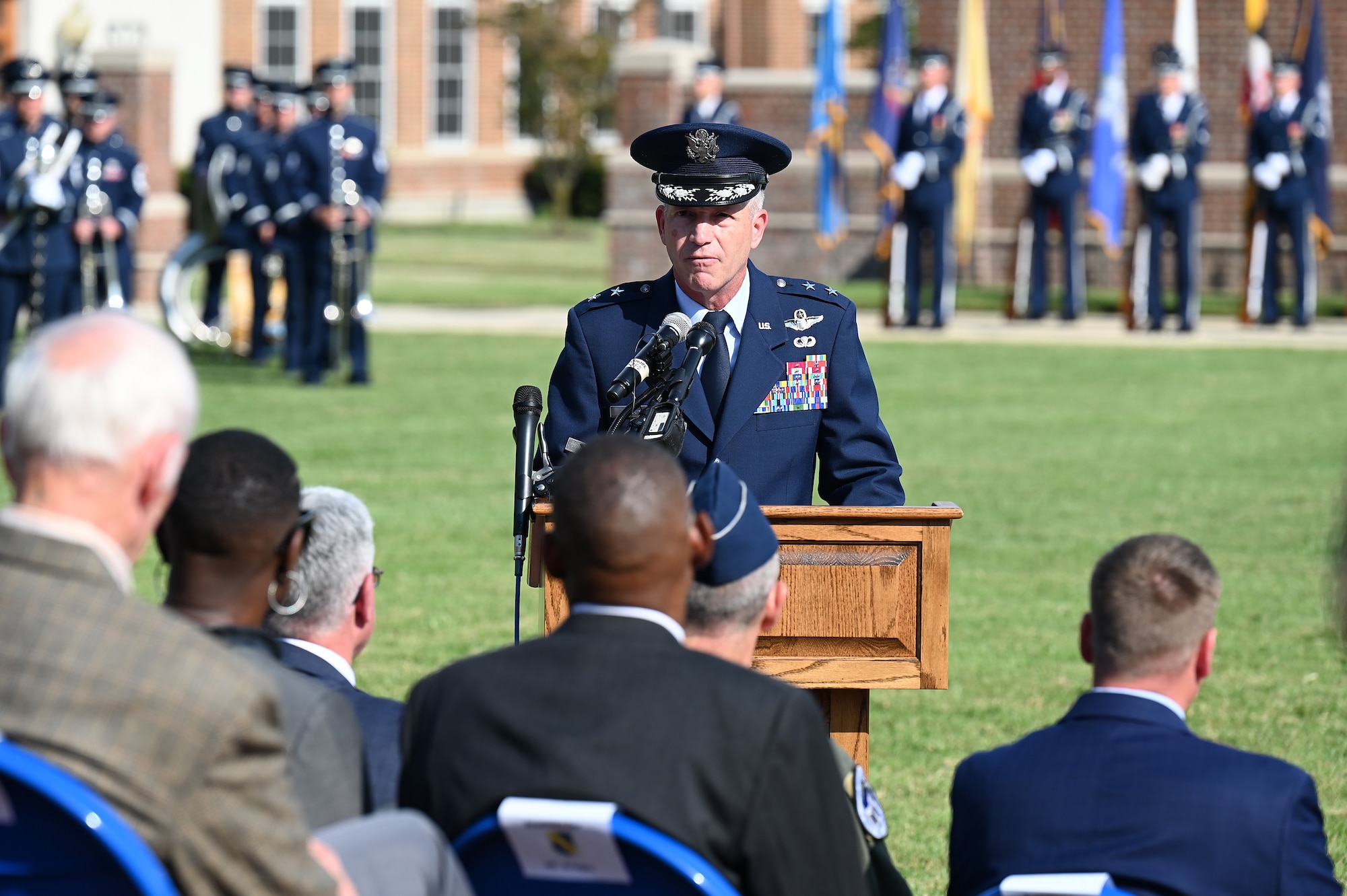 U.S. Air Force Maj. Gen. Joel D. Jackson, Air Force District of Washington and the 320th Air Expeditionary Wing commander, addresses an audience during a change of command ceremony on Joint Base Anacostia-Bolling, Washington, D.C., Sept. 28, 2021. Jackson presided over the ceremony during which Col. Mike Zuhlsdorf relinquished command of JBAB and the 11th Wing to Col. Cat Logan. Zuhlsdorf commanded JBAB and the 11th Wing during the Department of Defense’s first-ever joint base lead service transfer in 2020, during which the Air Force took control of the installation from the Navy. (U.S. Air Force photo by Staff Sgt. Kayla White)