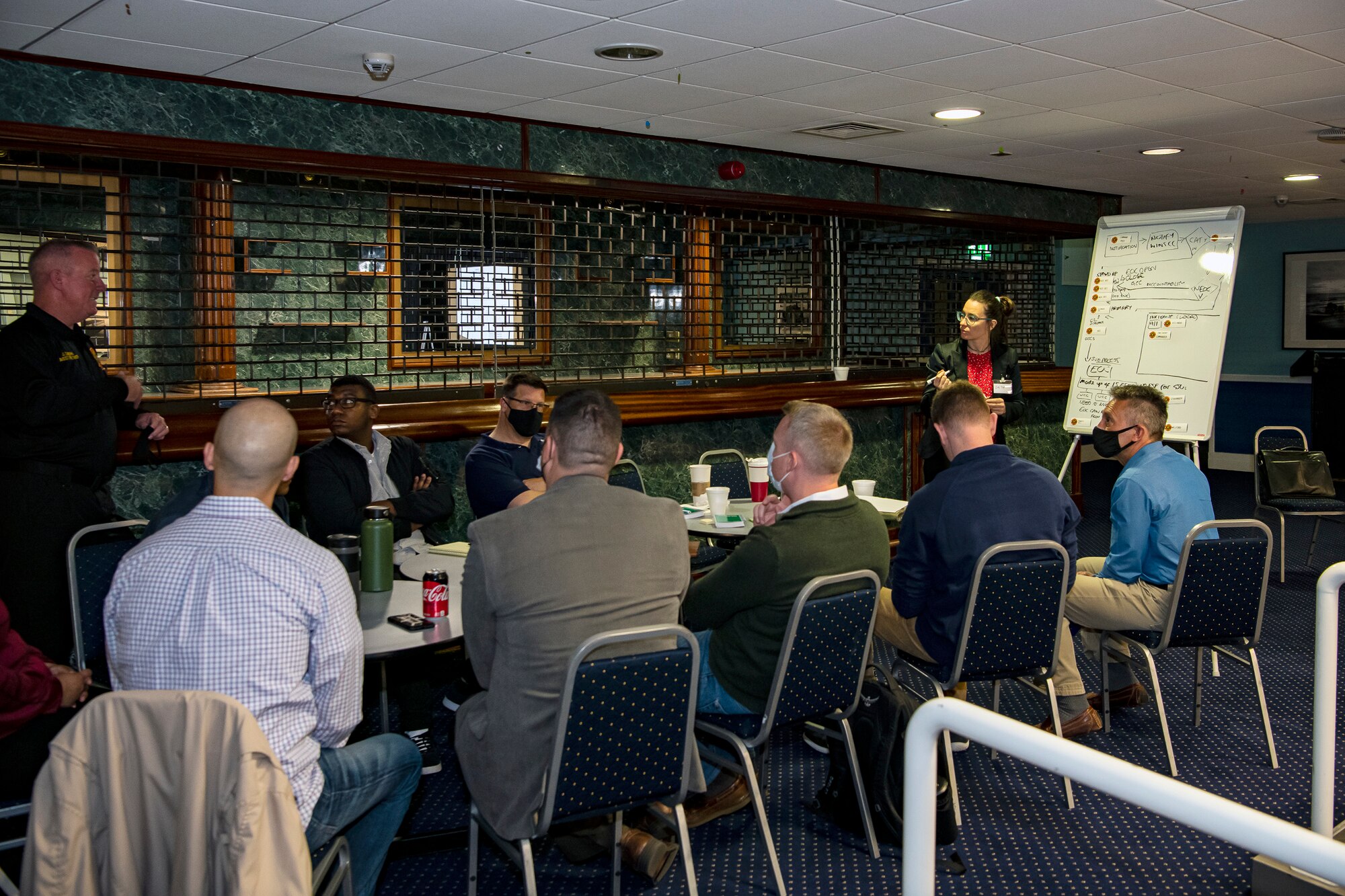 Emergency Management professionals, discuss strategy during an Operational Planning team meeting at RAF Alconbury, England, Sept. 28, 2021. The meeting developed a foundation and framework for command and control operations and reporting within the 501st Combat Support Wing as well as critical communication connection to mission partners. During the meeting, attendees worked together to develop an organizational C2 process across all 501 CSW installations and organizations including mission partners and geographically separated units. (U.S. Air Force photo by Senior Airman Eugene Oliver)