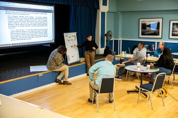 U.S. Air Force Master Sgt. Terri Adams, rear, 423d Civil Engineer Squadron NCO in charge of emergency management, briefs Emergency Management professionals during an Operational Planning team meeting at RAF Alconbury, England, Sept. 28, 2021. The meeting was intended to provide a foundation and framework for command & control operations and reporting within the 501st Combat Support Wing as well as critical communication connection to mission partners. During the meeting EM members worked together to develop an organizational C2 process that establishes a defined wing-wide network across all 501 CSW installations and organizations including mission partners and geographically separated units. (U.S. Air Force photo by Senior Airman Eugene Oliver)