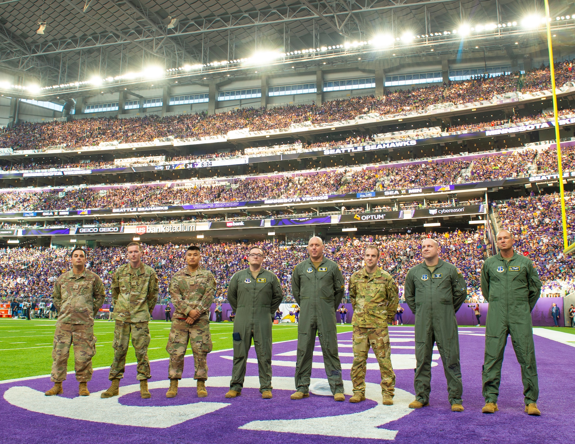U.S. Air Force Airmen from the 133rd Airlift Wing were recognized during the third quarter of the Minnesota Vikings home opener game in Minneapolis, Minnesota, Sept. 26, 2021.