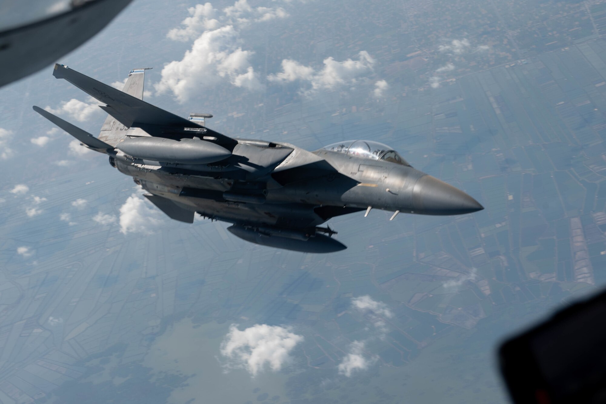 A U.S. Air Force F-15E Strike Eagle assigned to the 494th Expeditionary Fighter Squadron departs