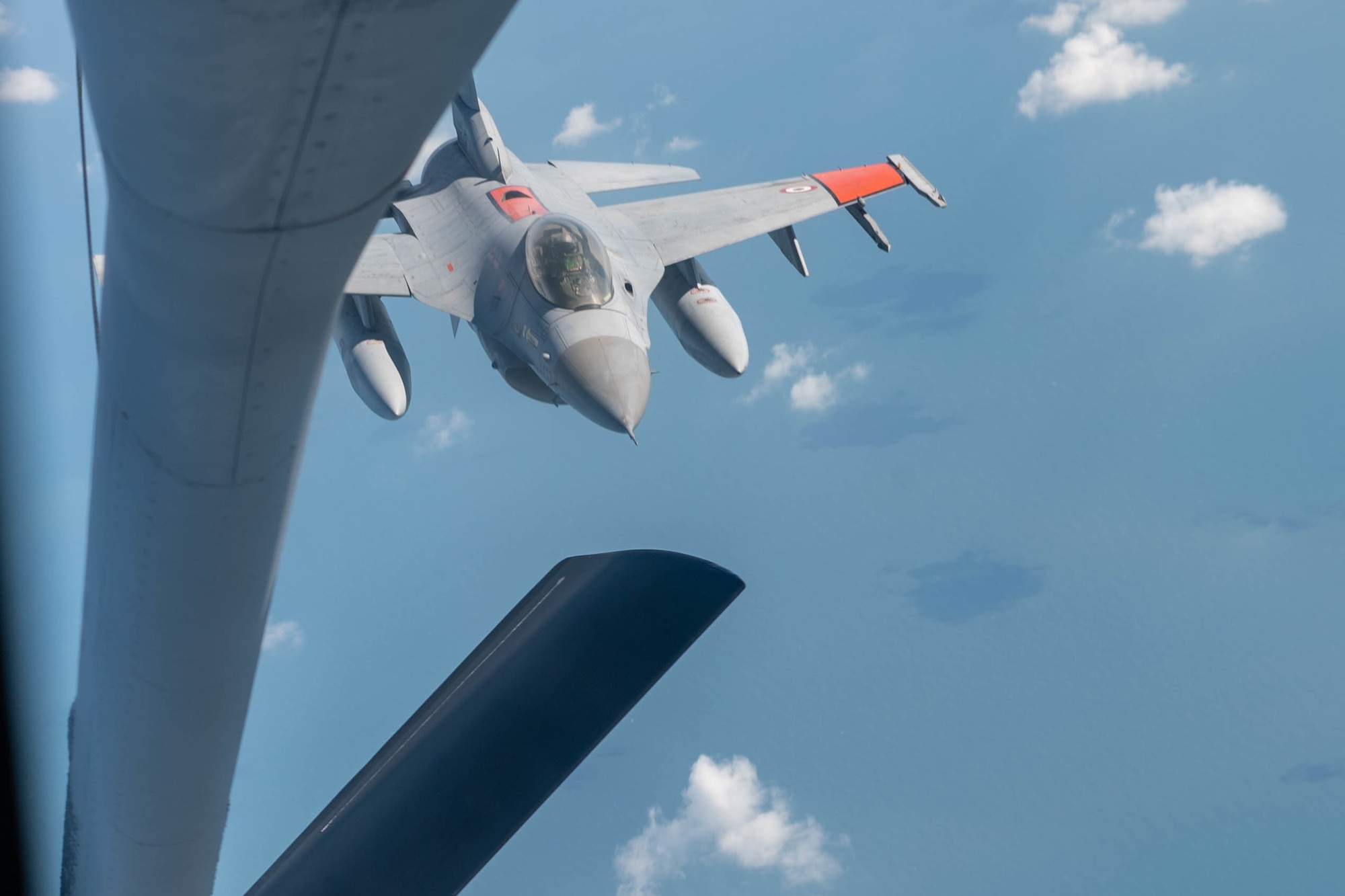 An Egyptian air force F-16 Fighting Falcon receives fuel from a KC-135 Stratotanker assigned to the 93rd Expeditionary Air Refueling Squadron in support of Bright Star 21
