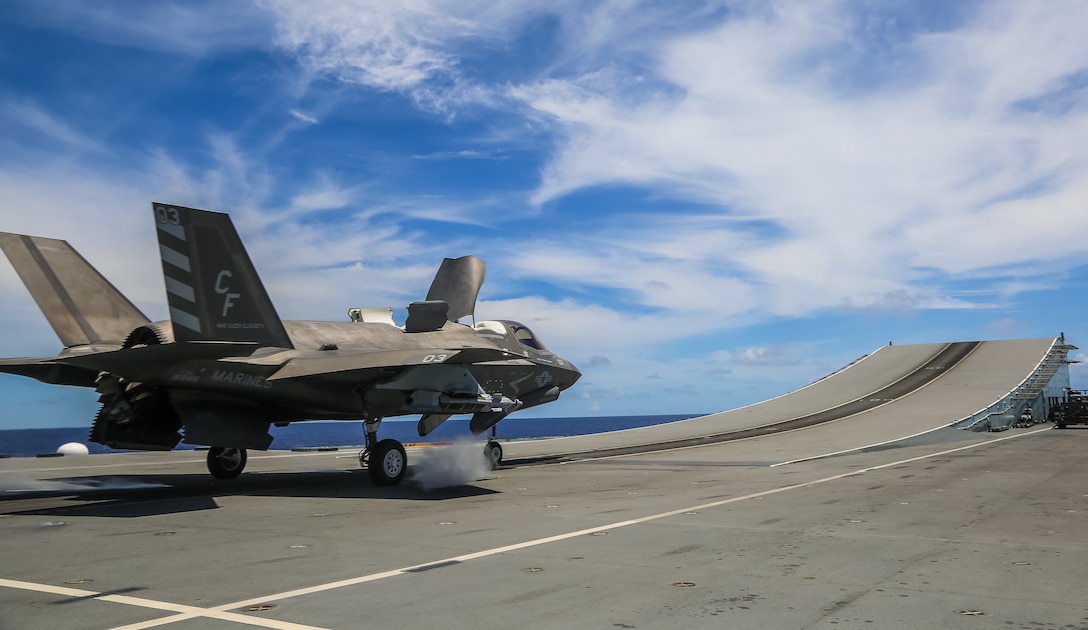 US Marine Capt Andrew Sanchez with Marine Fighter Attack Squadron (VMFA) 211 prepares to launch an F-35B from the flight deck of HMS Queen Elizabeth while armed with a Guided Bomb Unit 49 (GBU-49) in the Western Pacific Ocean on September 12th, 2021. The GBU-49 is a laser and GPS-guided bomb effective across various conditions and against many types of moving or stationary targets. VMFA-211, deployed aboard HMS Queen Elizabeth as part of the United Kingdom’s Carrier Strike Group 21, became the first squadron to employ the GBU-49 from a Queen Elizabeth class aircraft carrier.