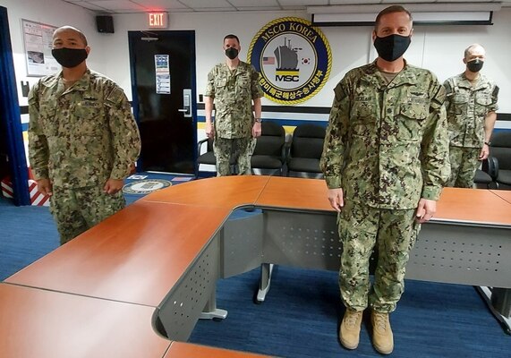 From left, members of the Military Sealift Command Office Korea’s reserve unit, including, FCC Allen Ganir, Capt. Roger Ouimet, Cmdr. Levi Broeckelman and Cmdr. Brad Newcomer, returned to the Republic of Korea in August to work with their MSC, Navy, combined and joint counterparts during a particularly busy training period.