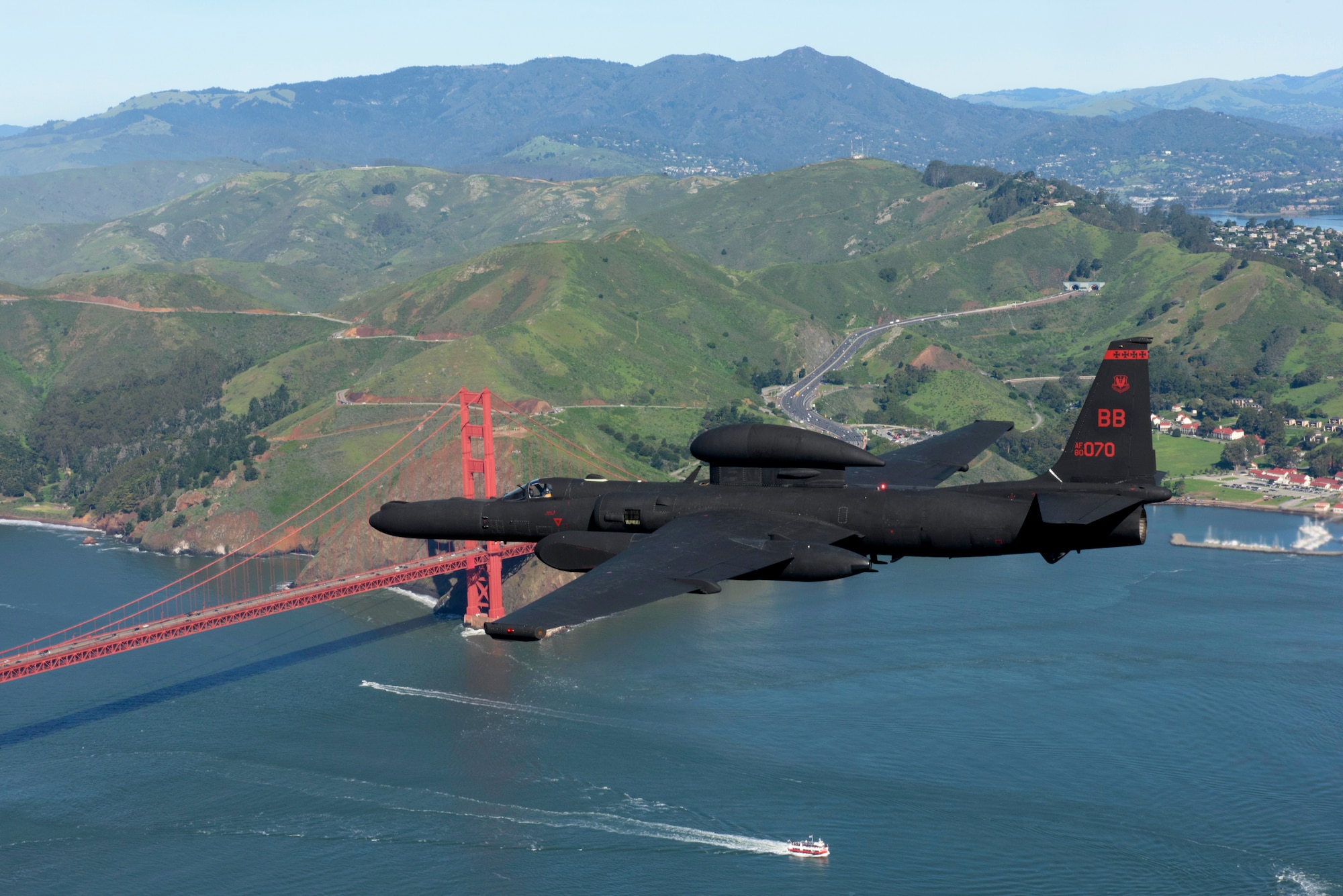 A U-2 Dragon Lady flies over the Golden Gate Bridge near San Francisco, California