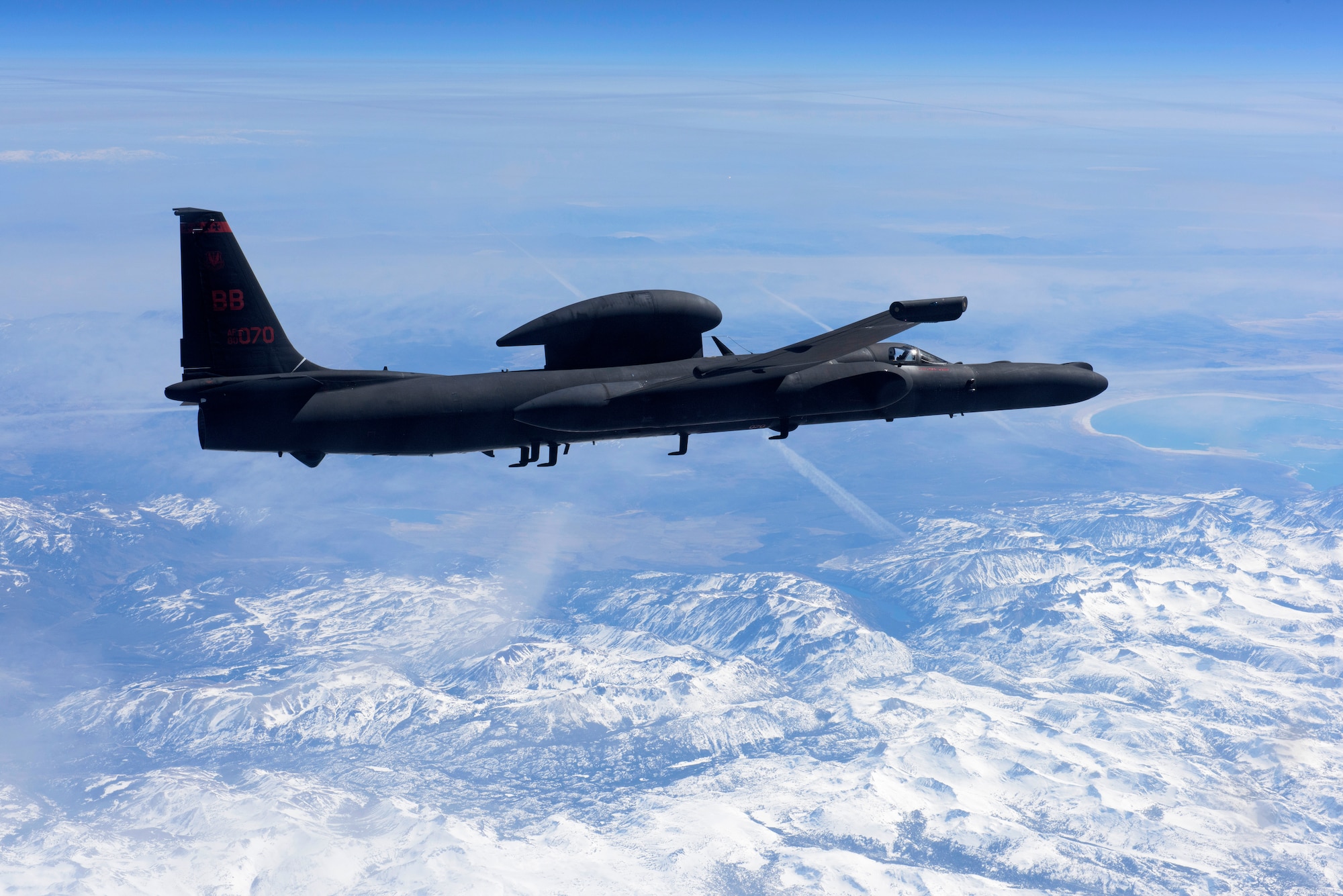 A U-2 Dragon Lady flies above the Sierra Nevada Mountain Range, California