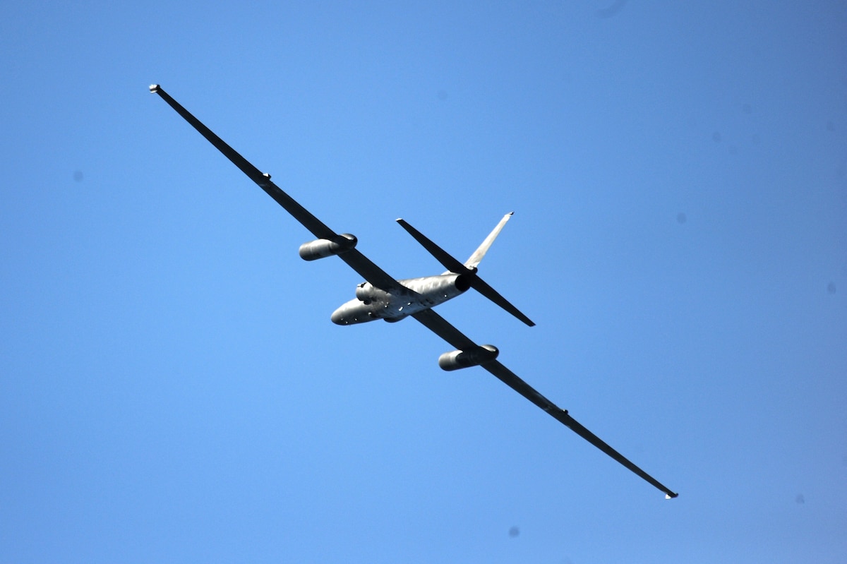 A U-2 Dragon Lady flies over the airfield at Beale Air Force Base