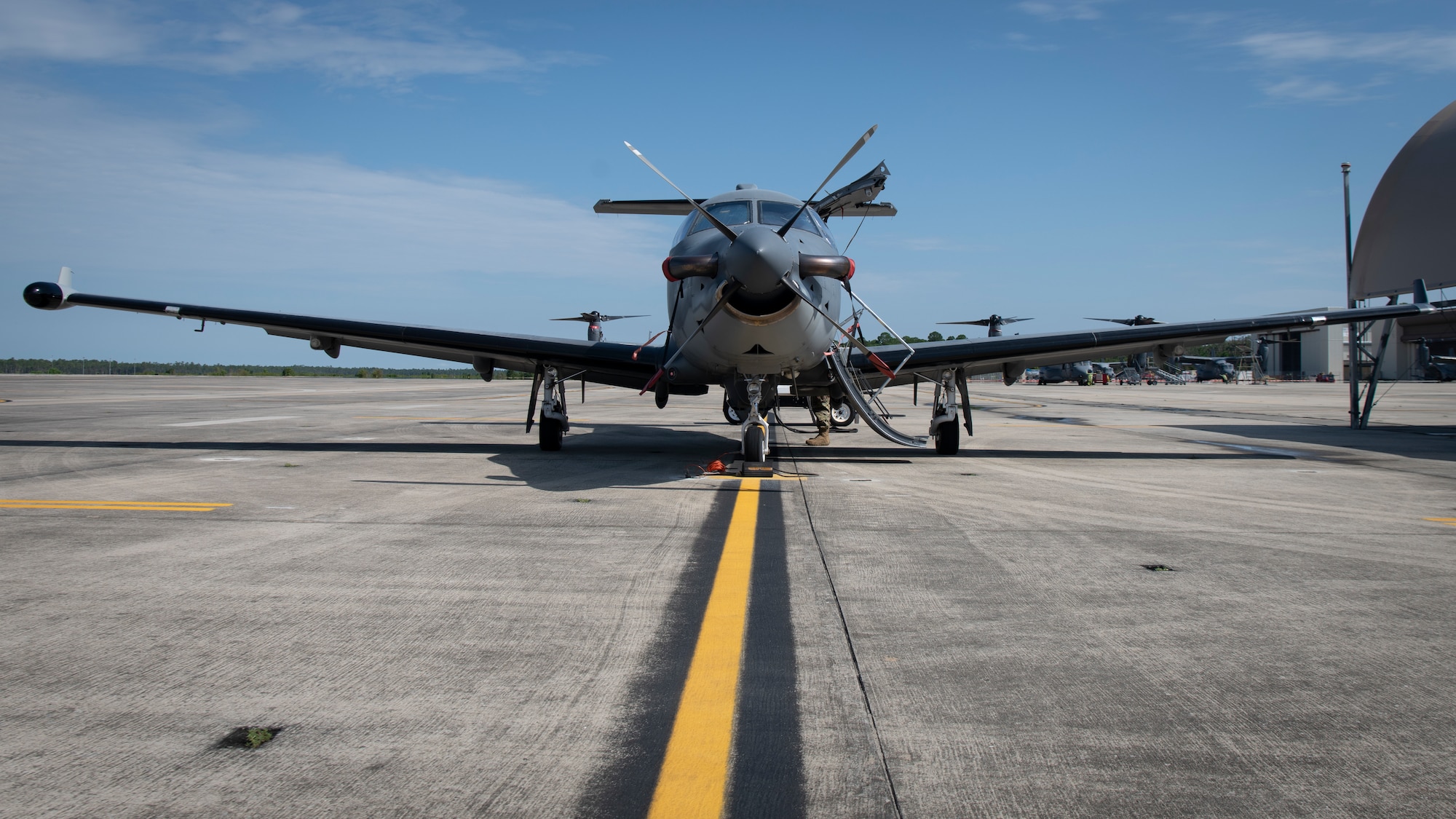 A U-28A Draco assigned to the 319th Special Operations Squadron is parked on the flightline at Hurlburt Field