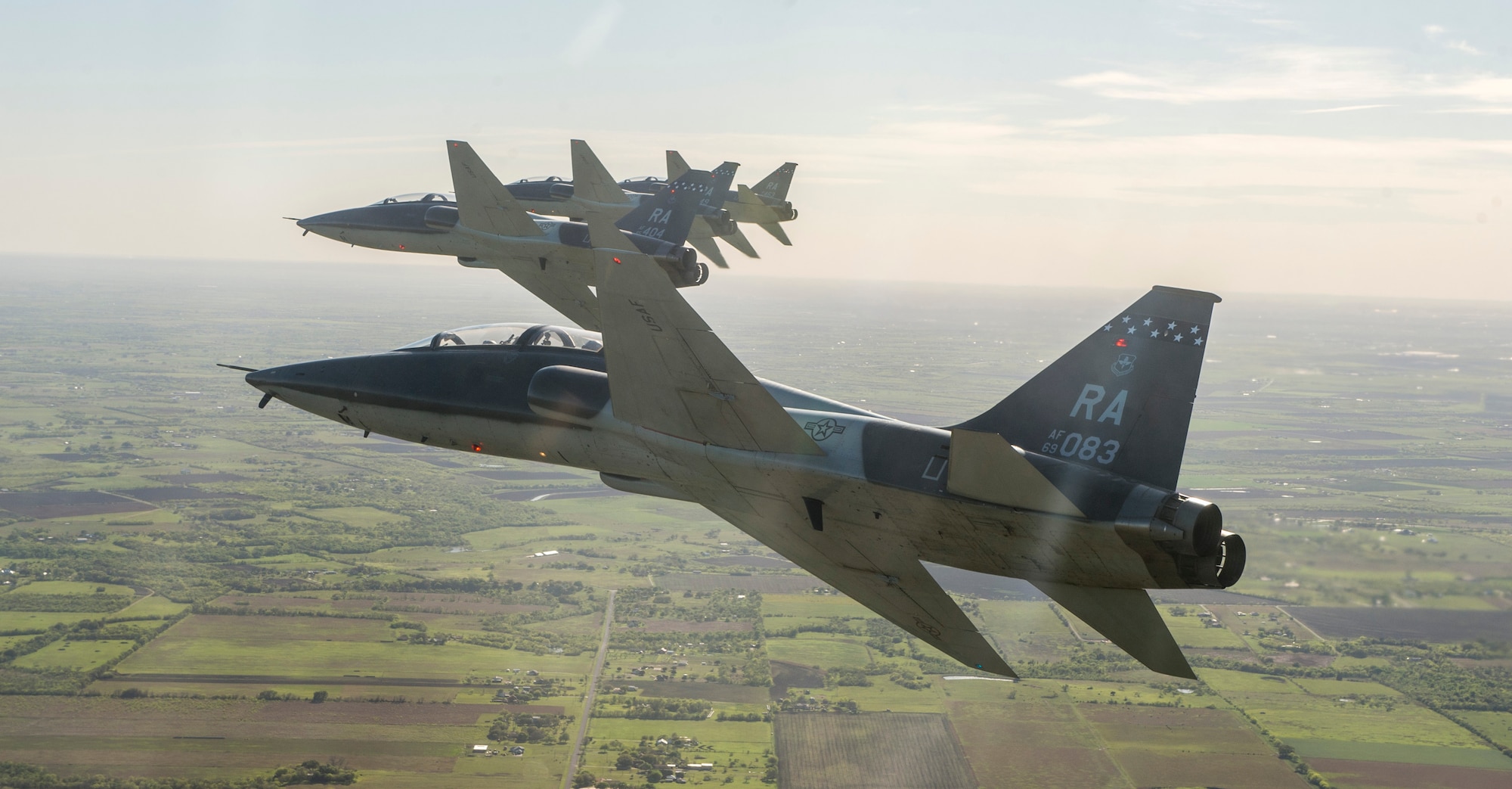 U.S. Air Force pilots assigned to the 560th Flying Training Squadron fly T-38 Talons in formation