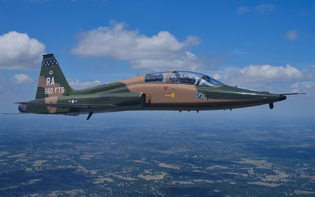 Lt. Col. Benjamin Kaminsky, pilot, and Maj. Benjamin Williams, copilot, fly over South Texas in a T-38C Talon