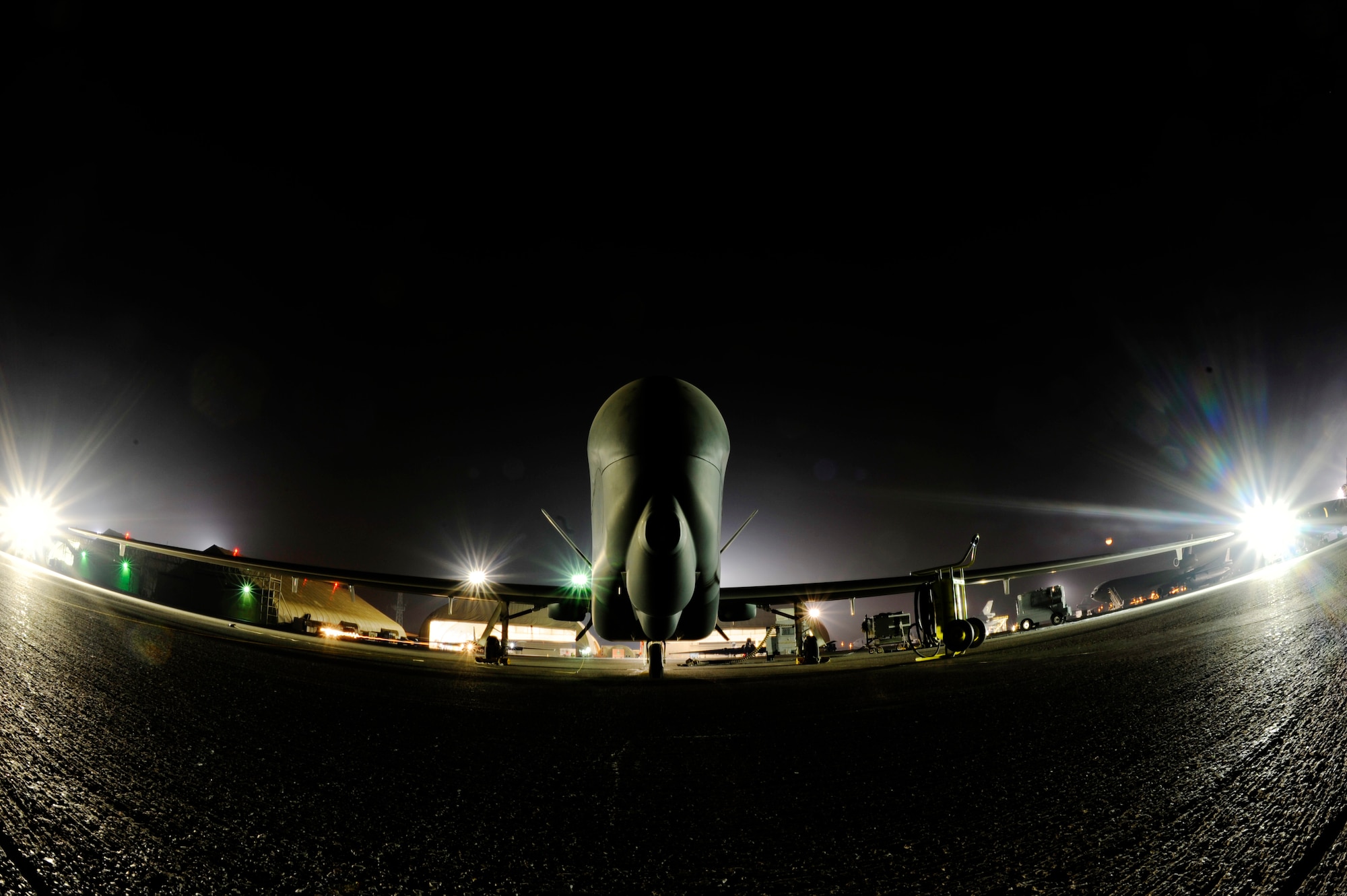 A U.S. Air Force RQ-4 Global Hawk Unmanned Aerial Vehicle waits for its takeoff time