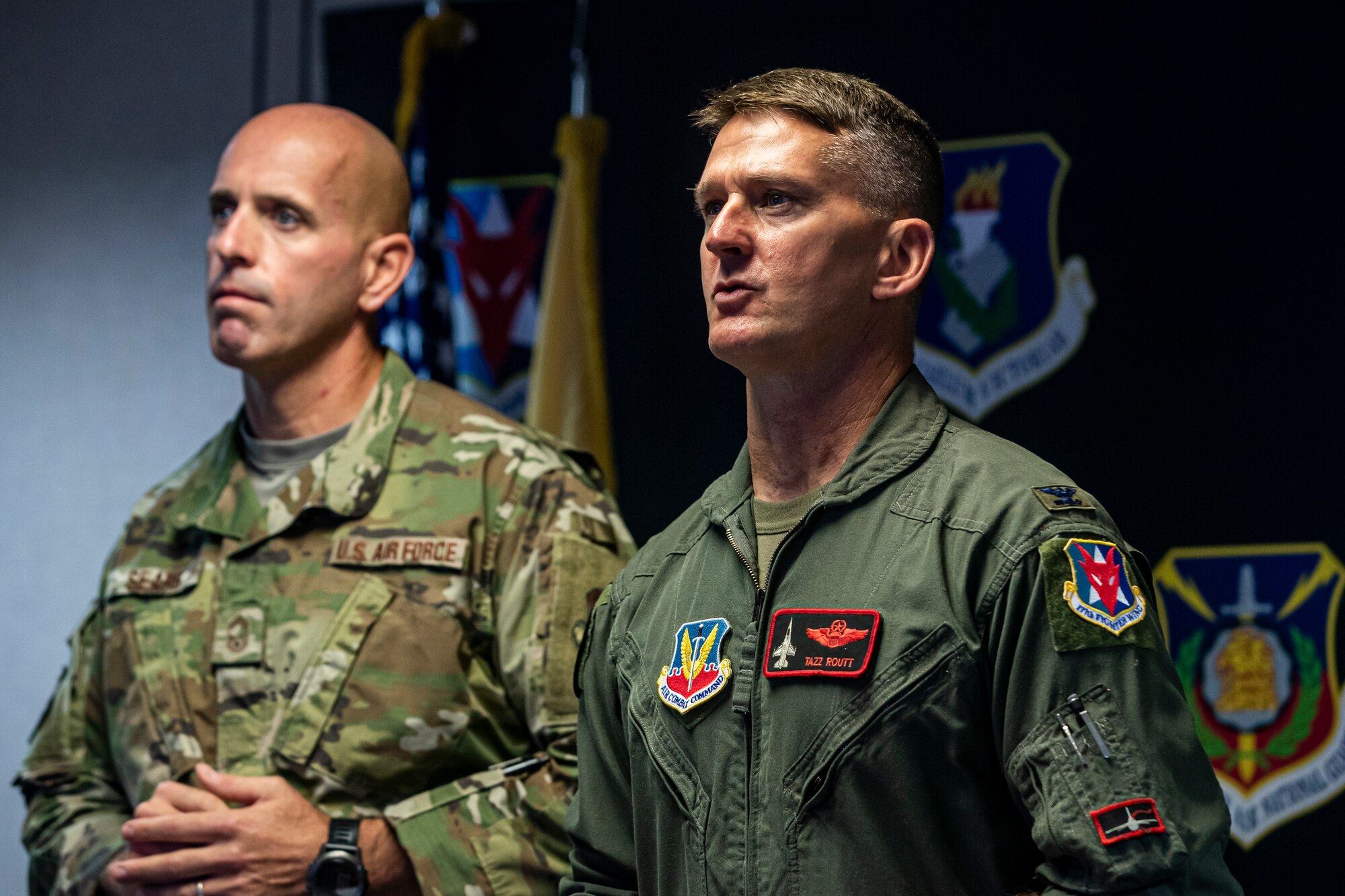 U.S. Air Force Col. Derek Routt, right, 177th Fighter Wing Commander, and 177th Command Chief Master Sgt. Michael Sears speak to Airmen during the 2021 NJANG Enlisted Summit from Joint Force Headquarter-Air, Joint Base McGuire-Dix-Lakehurst, N.J., Sept. 29, 2021.