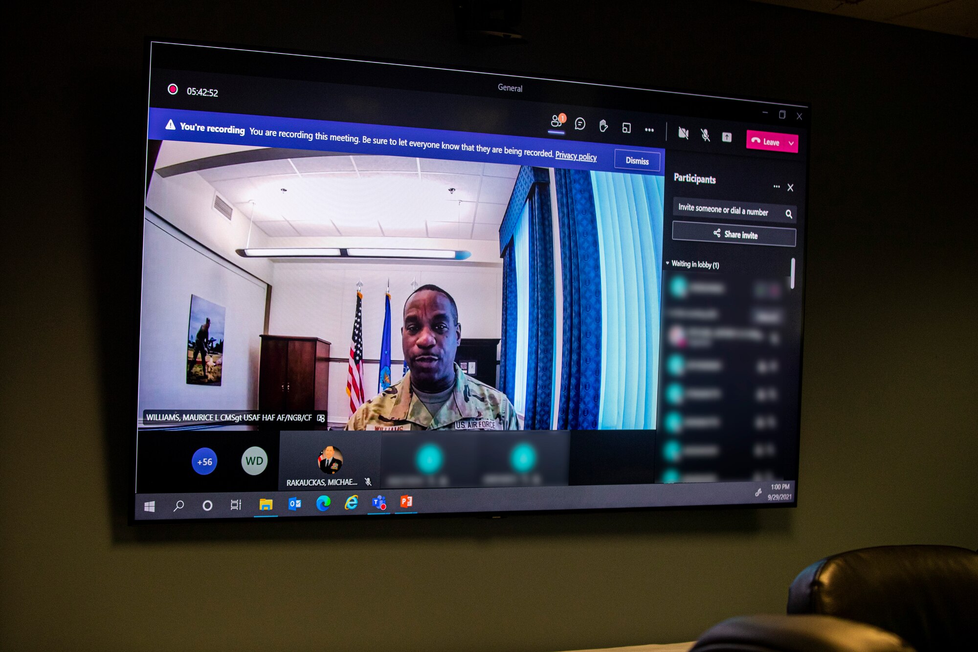 Air National Guard Command Chief Master Sgt. Maurice Williams addresses New Jersey Airmen during a virtual Enlisted Summit as seen on Joint Base McGuire-Dix-Lakehurst, N.J., Sept. 29, 2021.