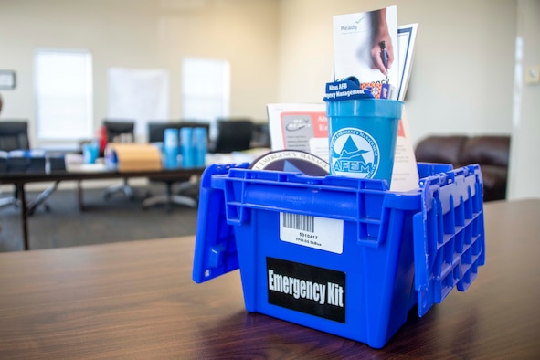 An assembled emergency kit is sat on a table at the 97th Civil Engineer Squadron's Emergency Management Flight emergency kit event, on Altus Air Force Base, Oklahoma, Sept. 14, 2021. Airmen and their families were welcomed to build their own emergency kit to be stored in their homes. (U.S. Air Force photo by Staff Sgt. Cody Dowell)