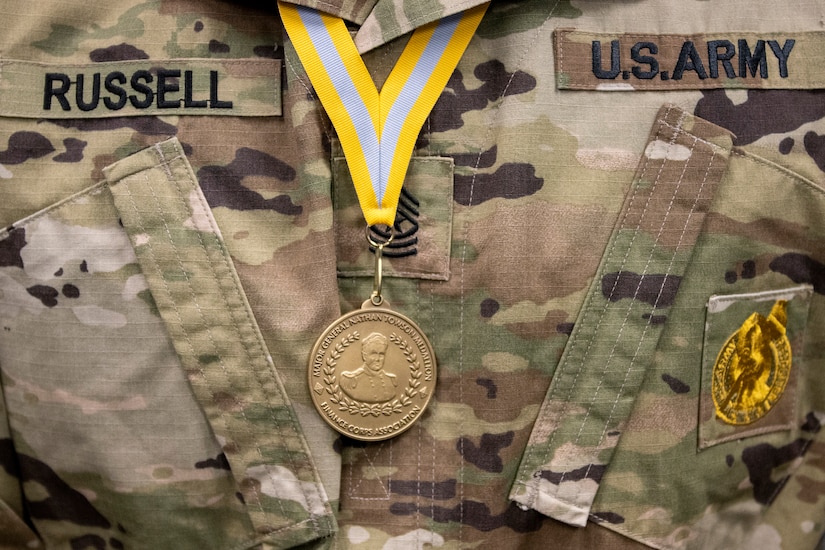 The 837th Maj. Gen. Nathan Towson Medallion is seen on the chest of Sgt. Maj. Damien Russell, U.S. Army Financial Management Command Operations senior enlisted advisor, at the Maj. Gen. Emmett J. Bean Federal Center in Indianapolis Aug. 26. The Towson Medallion was established by the Army Finance Corps Association on May 7, 1993, and is awarded in recognition of demonstrated exemplary contribution and service to the Army Finance Corps. (U.S. Army photo by Mark R. W. Orders-Woempner)