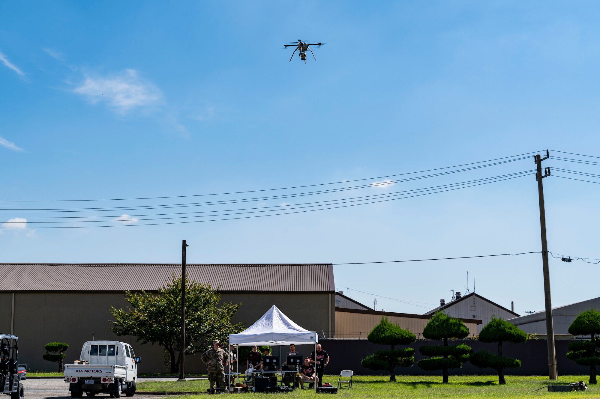 8th CES flies Small Unmanned Aircraft System to inspect dorm rooftops.