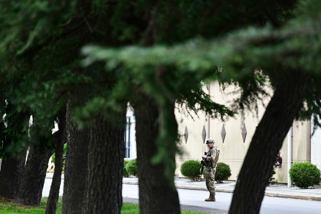 An Airman stands guard during training.