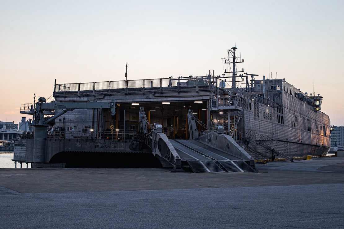 U.S. Marines with 3d Battalion, 12th Marines prepare to embark multiple High Mobility Artillery Rocket Systems aboard the Spearhead-class expeditionary fast transport USNS Brunswick (T-EPF 6) during Exercise Noble Jaguar 2021 at Naha Port, Okinawa, Japan.