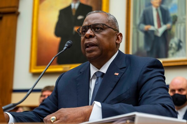 Defense Secretary Lloyd J. Austin III speaks during a hearing.