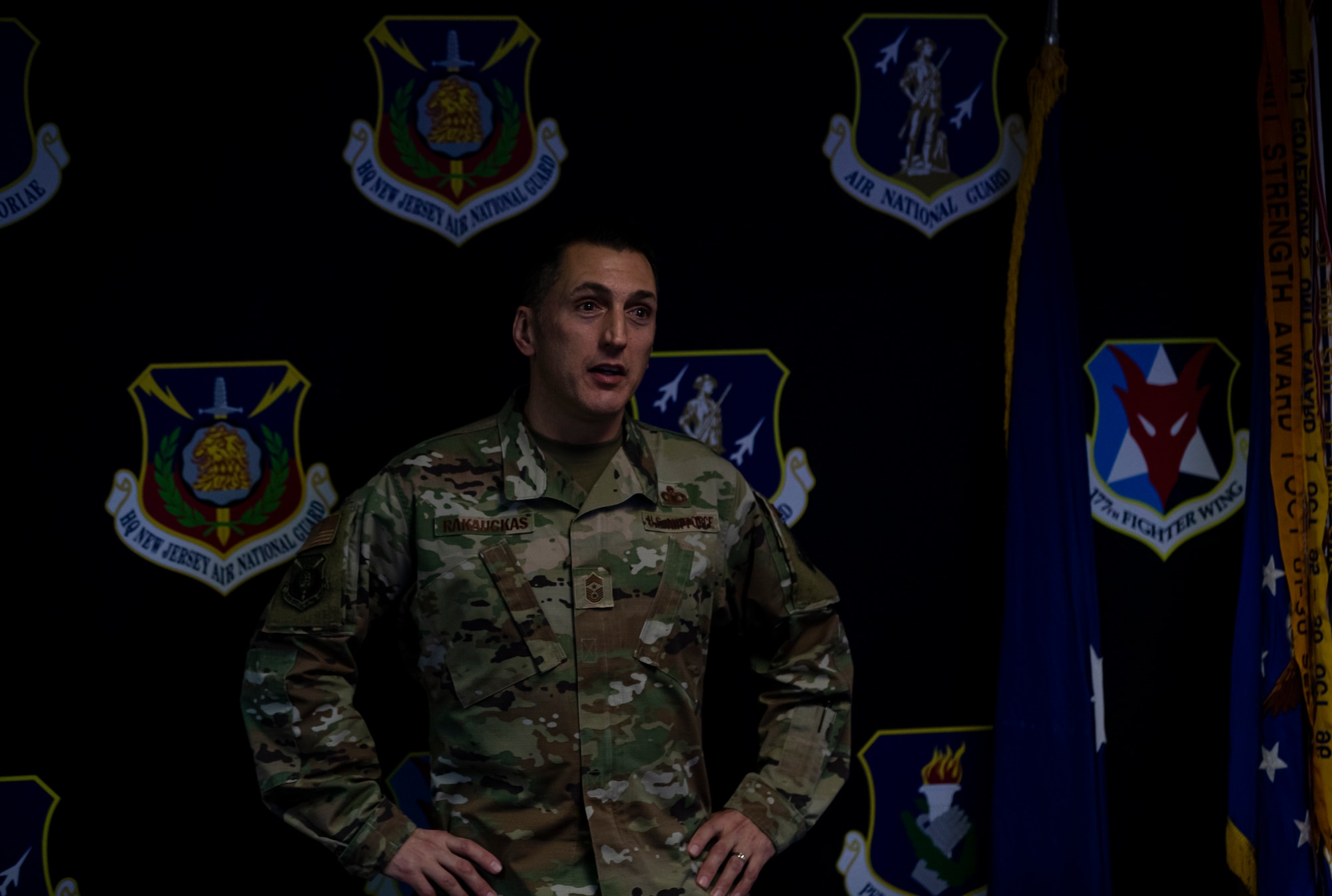 New Jersey State Command Chief Master Sgt. Michael Rakauckas speaks to nearly 100 Airmen during the 2021 NJANG Enlisted Summit from Joint Force Headquarter-Air, Joint Base McGuire-Dix-Lakehurst, N.J., Sept. 29, 2021.
