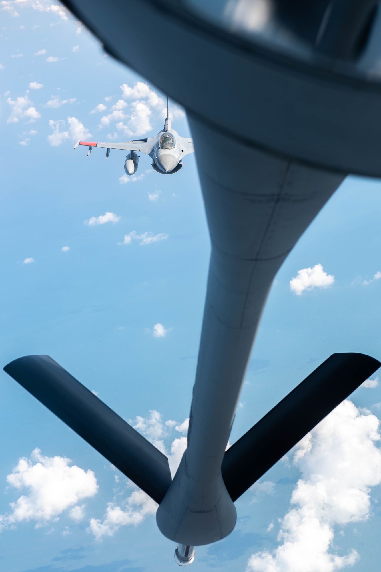 Egyptian air force F-16 Fighting Falcon receives fuel from a KC-135 Stratotanker assigned to the 93rd Expeditionary Air Refueling Squadron in support of Bright Star 21