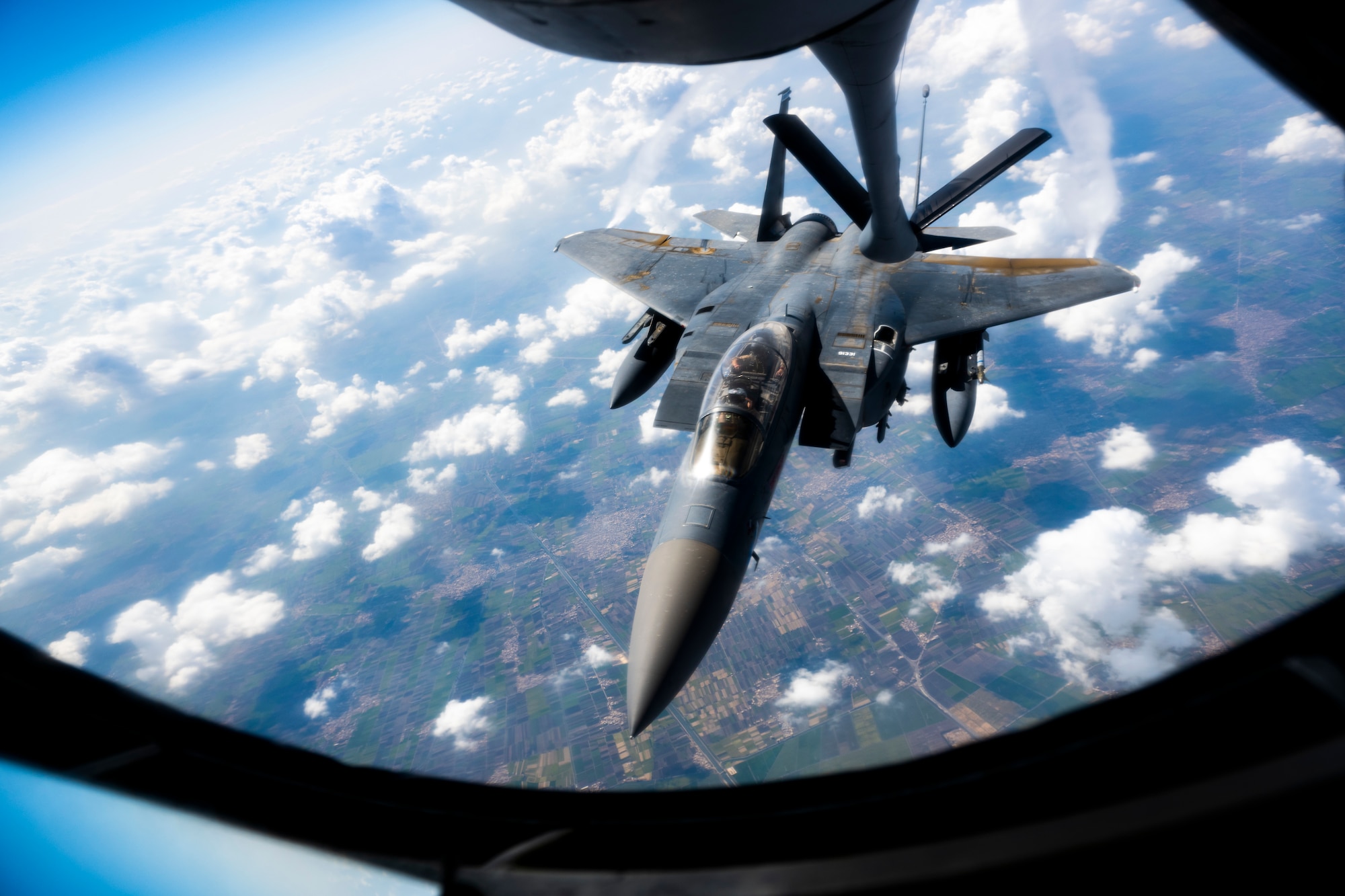 An F-15E Strike Eagle assigned to the 494th Expeditionary Fighter Squadron receives fuel from a KC-135 Stratotanker assigned to the 93rd Expeditionary Air Refueling Squadron