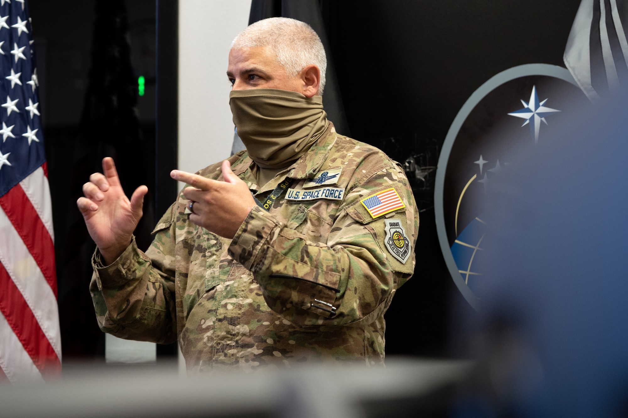 SCHRIEVER SPACE FORCE BASE, Colo. — U.S. Space Force Lt. Col. Michael Schriever, 2nd Space Operations Squadron commander, provides remarks during the ribbon cutting ceremony for the new Positional Training Emulator on Schriever Space Force Base, Colorado, Sept. 17, 2021. The PTE will be used by combat mission-ready operators in the GPS enterprise to include all students going through GPS mission qualification training and instructors from 2nd SOPS, 50th Operation Support Squadron, 19th Space Operations Squadron and the 310th OSS. (U.S. Space Force photo by Staff Sgt. Jared Bunn)