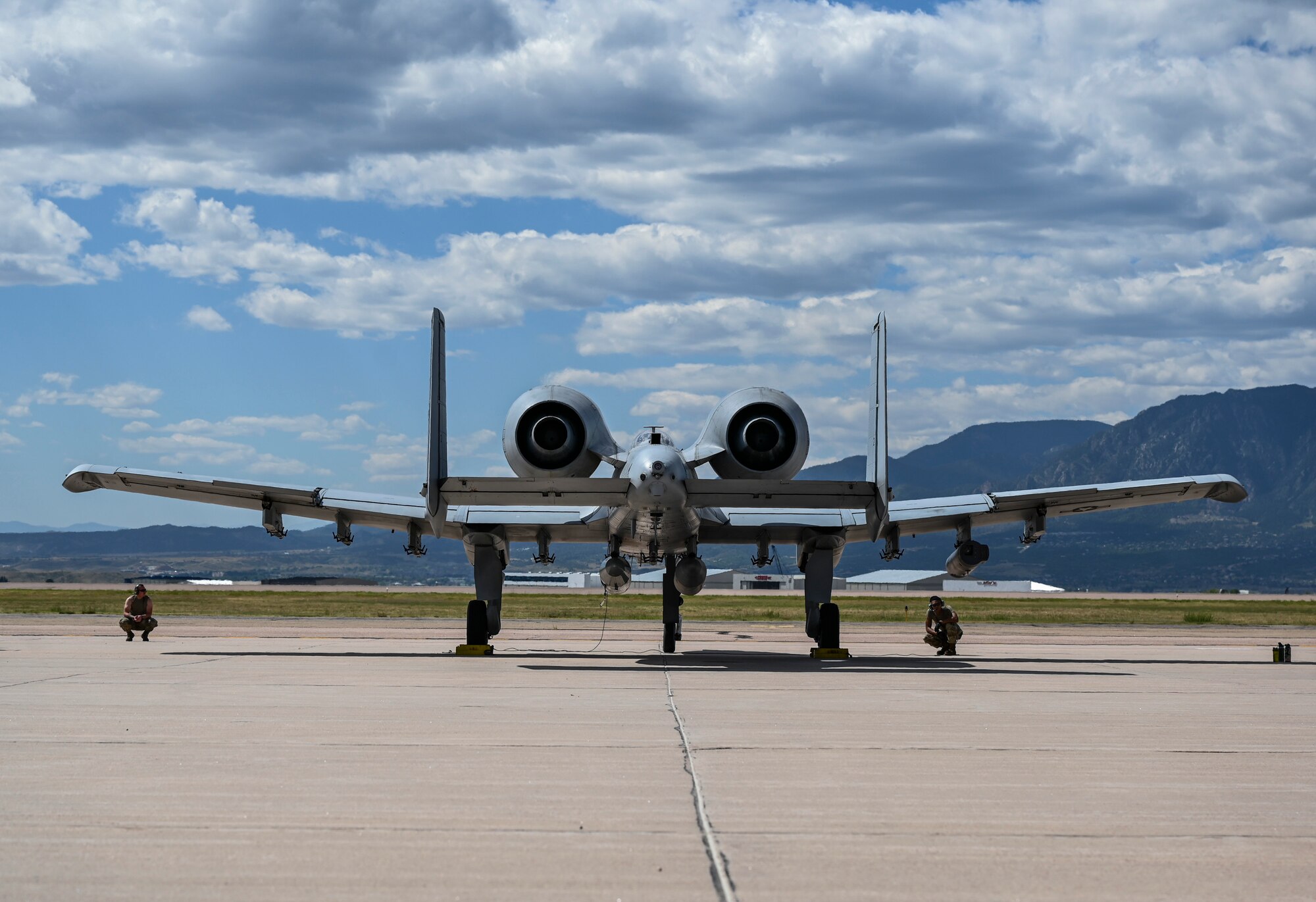 A photo of a plane on the flight line.