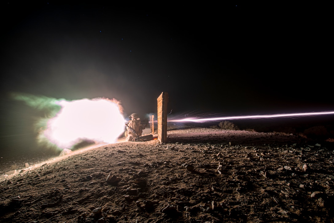 U.S. Marines with 1st Battalion, 3d Marines, employ a M3E1 Multi-purpose Anti-armor Anti-personnel Weapon System during a live-fire range as part of Service Level Training Exercise 1-22 at Marine Corps Air Ground Combat Center Twentynine Palms, California, Sept. 24, 2021. This training provides effective and intense repetitions in an expeditionary environment to ensure 3d Marines remains lethal and ready to fight now. (U.S. Marine Corps photo by Cpl. Juan Carpanzano)