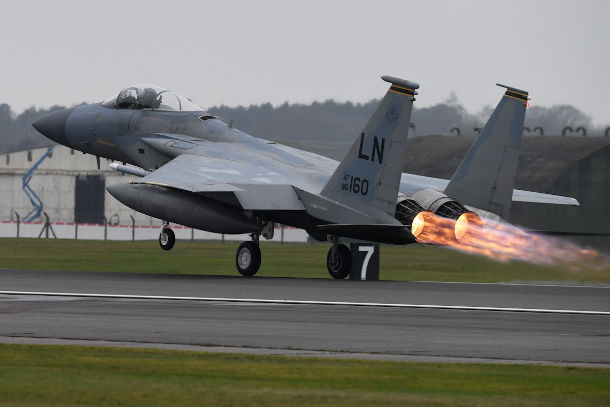 An F-15C Eagle assigned to the 493rd Fighter Squadron takes off