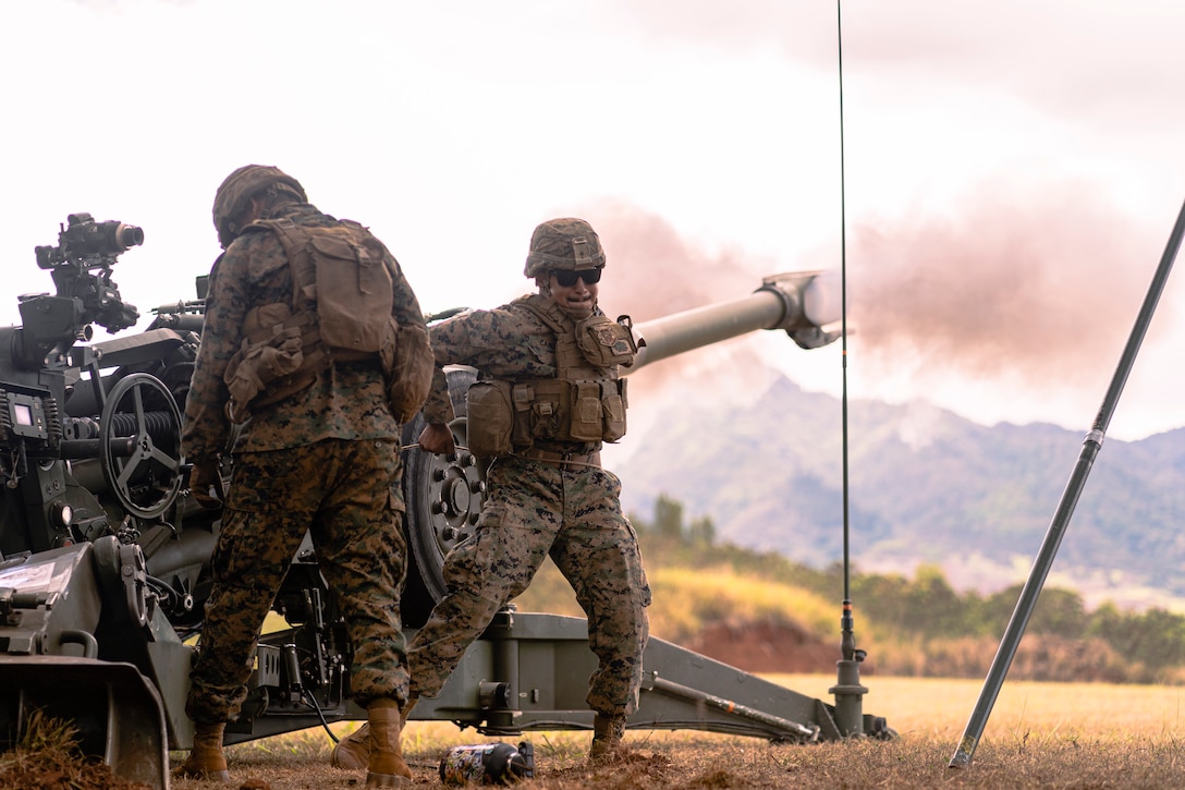 U.S. Marine Cpl. Sergio D. Cano, a motor vehicle operator with 1st Battalion, 12th Marines, fires an M777A2 Howitzer during a live-fire operation on Schofield Barracks, Hawaii, Aug. 31, 2021. 1/12 executes live-fire operations to maintain weapons proficiency and combat readiness. (U.S Marine Corps photo by Cpl. Juan Carpanzano)