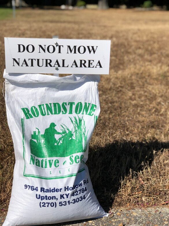 A bag of grass seed is placed near the Fort Eustis Nature Trail on Joint Base Langley-Eustis, Virginia, Sept. 25, 2021. Forty-eight volunteers worked together to improve areas of the trail and plant native species of vegetation. (Courtesy photo)